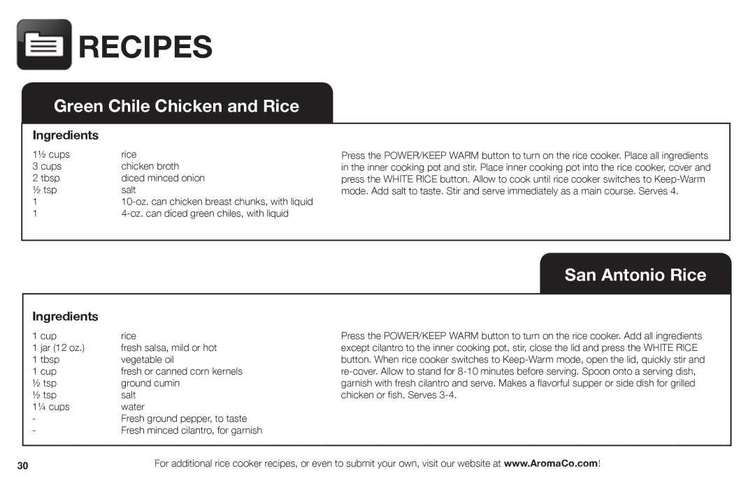 Aroma ARC-1030SB instruction manual Green Chile Chicken and Rice 